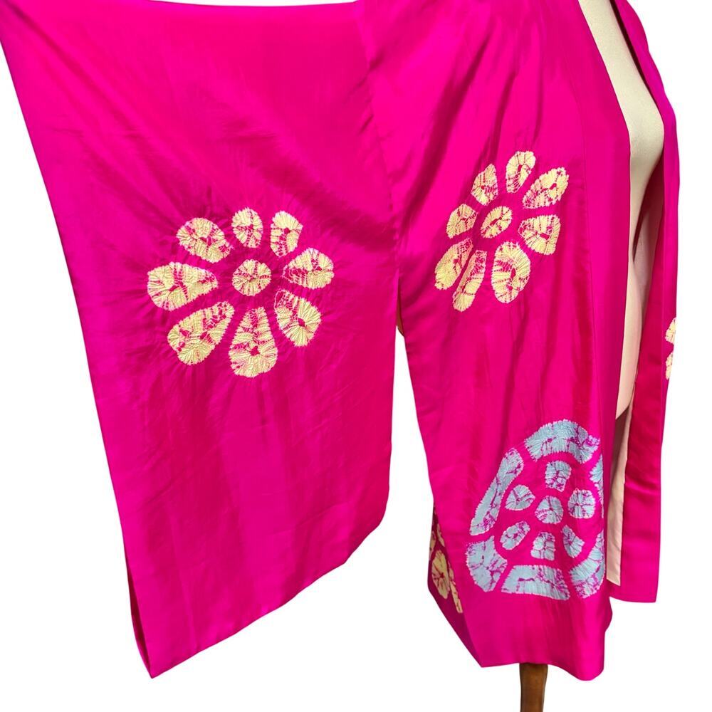 VTG Japanese Magenta Pink Silk Haori Kimono Jacket Shibori Floral, One Size - Picture 5 of 9